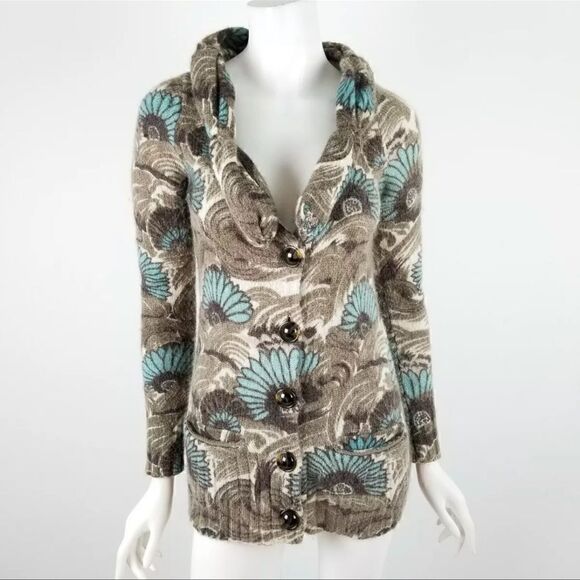 Leifsdottir Anthropologie Cardigan Floral Sweater Size XS Blue & Tan Wool Mohair - Picture 1 of 9